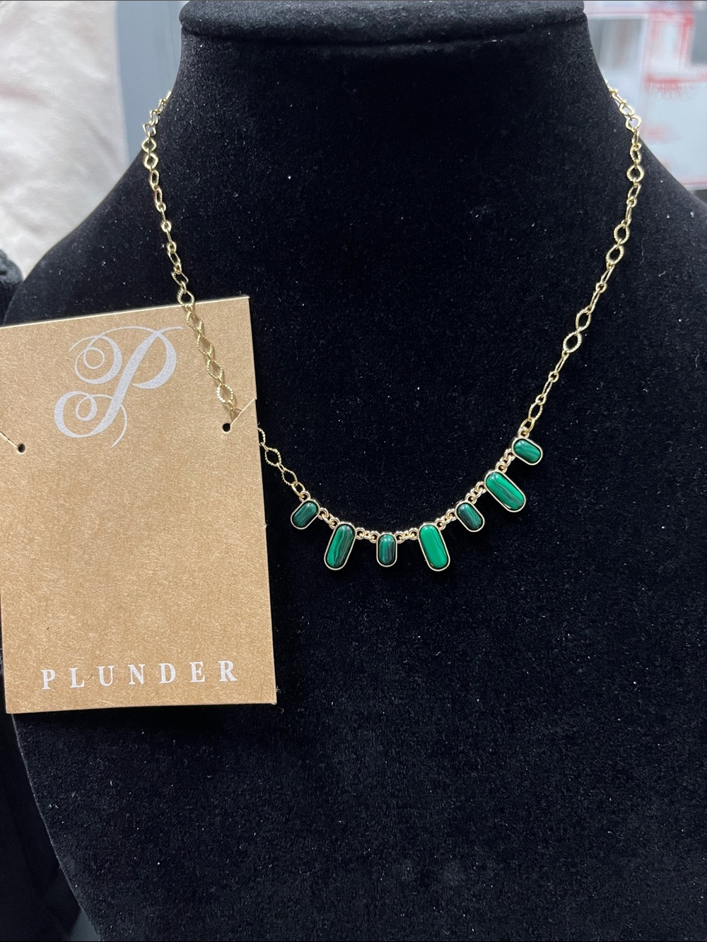 NWT Plunder Gold Chain Necklace with Green Bar Charms